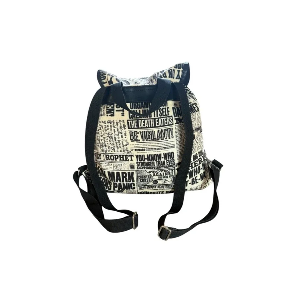 Black & White Newspaper Print Drawstring Backpack